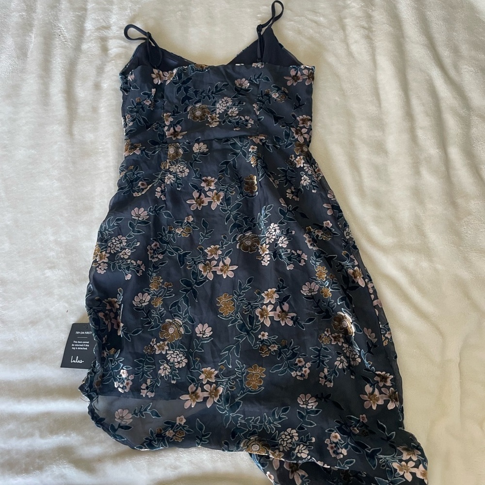 Lulu's Navy Floral Burnout Asymmetrical Mini Dress - Picture 6 of 9